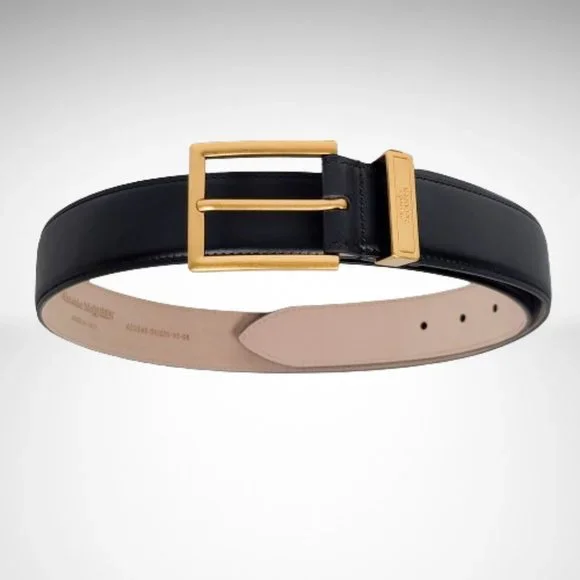 ALEXANDER MCQUEEN Men's The Gold Tone Buckle Belt in Black Calfskin Leather - Picture 1 of 8